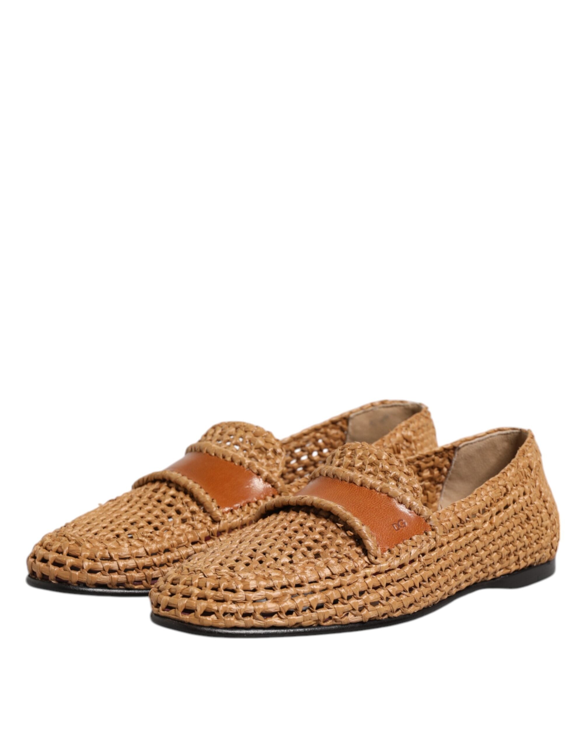Dolce & Gabbana Brown Woven Raffia Slip On Loafers Shoes